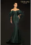 Terani Couture 2021e2796 Off Shoulder Long Evening Gown In Green