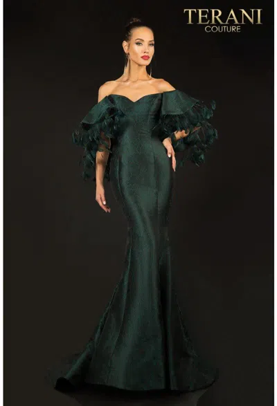 Terani Couture 2021e2796 Off Shoulder Long Evening Gown In Green