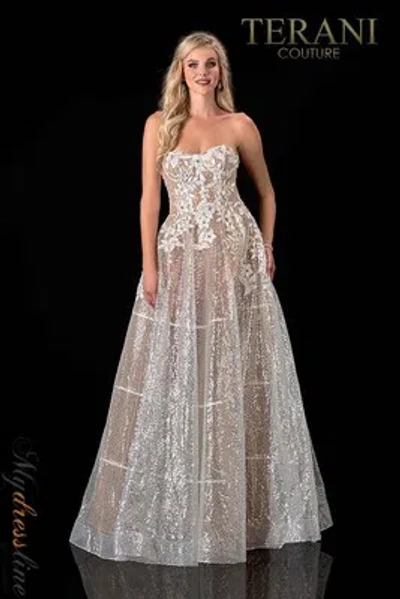 Pre-owned Terani Couture 2111p4105 Evening Dress Lowest Price Guarantee Authentic In White Nude