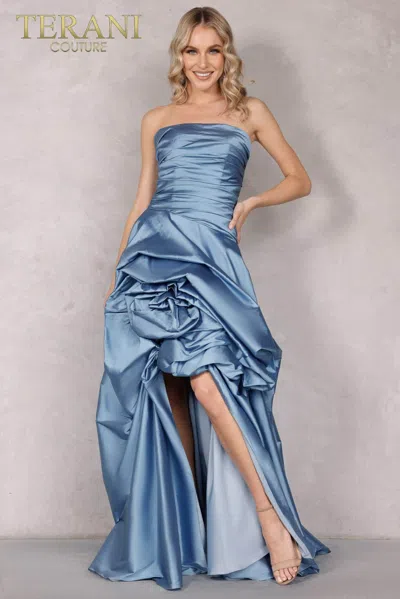 Terani Couture 2111p4270 High Low Long Formal Ruffled Prom Dress In Blue