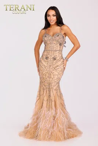 Pre-owned Terani Couture 2221gl0415 Evening Dress Lowest Price Guarantee Authentic In Blush Olive