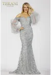 Terani Couture 231e0515 Long Formal Floral Beaded Evening Dress In Silver