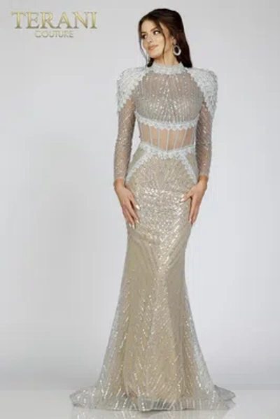 Pre-owned Terani Couture 231e0528 Evening Dress Lowest Price Guarantee Authentic In Silver Nude