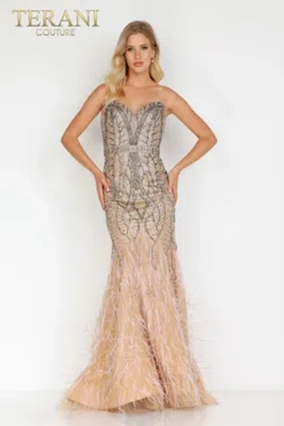 Pre-owned Terani Couture 231gl0389 Evening Dress Lowest Price Guarantee Authentic In Taupe Lavender