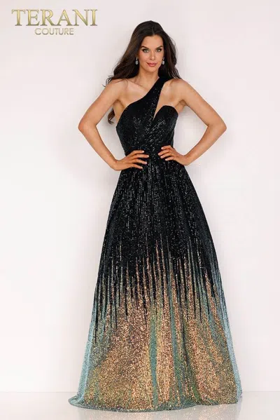 Terani Couture 231p0024 Two Tone Long Formal Sequin A Line Prom Dress In Black