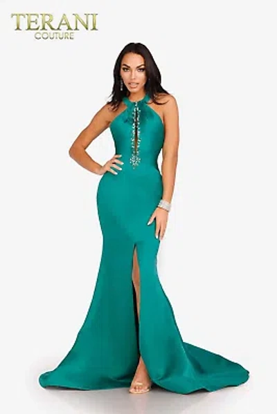 Pre-owned Terani Couture 231p0107 Evening Dress Lowest Price Guarantee Authentic In Emerald
