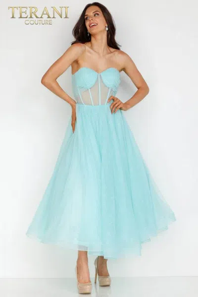 Terani Couture 231p0534 Tea Length Corset A Line Prom Dress In Blue