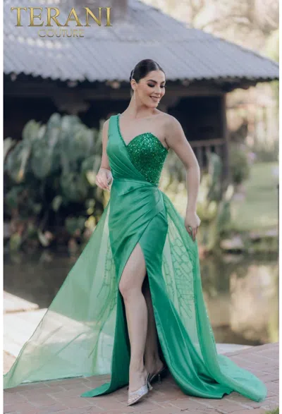 Terani Couture 232e1229 Long Fitted Formal Prom Overskirt Dress In Green