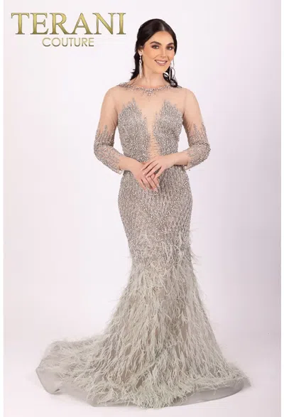 Terani Couture 232gl1437 Long Sleeve Mermaid Beaded Formal Dress In Metallic