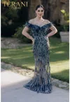 Terani Couture 232gl1439 Long Feather Beaded Formal Prom Dress In Blue