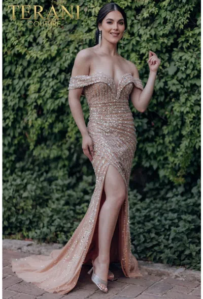 Terani Couture 232gl1491 Long Beaded Fitted Formal Prom Dress In Brown