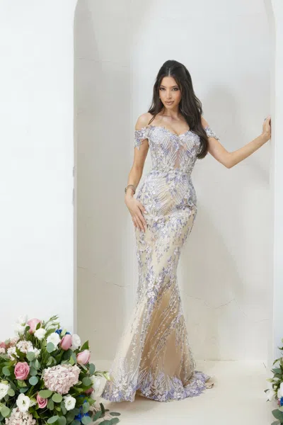 Terani Couture 232gl1493 Trumpet Long Evening Dress In Neutral