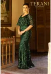 Terani Couture 232m1516 Long Mother Of The Bride Sequin Cape Dress In Green