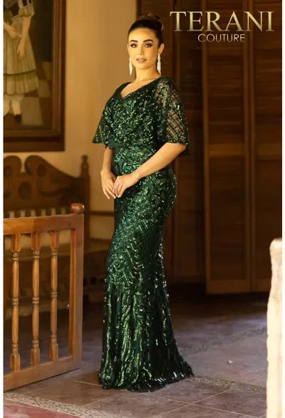 Terani Couture 232m1516 Long Mother Of The Bride Sequin Cape Dress In Green