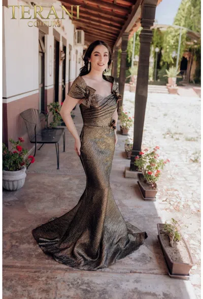 Terani Couture 232m1518 Long Formal Prom Pleated Dress In Brown