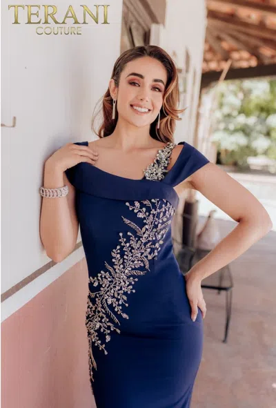 Terani Couture 232m1549 Long Formal Prom Beaded Dress In Blue