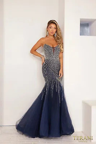 Pre-owned Terani Couture 241p2132 Evening Dress Lowest Price Guarantee Authentic In Navy Silver
