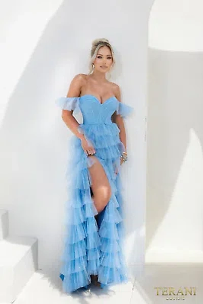 Pre-owned Terani Couture 241p2211 Evening Dress Lowest Price Guarantee Authentic In Denim
