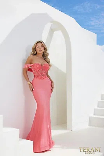 Pre-owned Terani Couture 241p2250 Evening Dress Lowest Price Guarantee Authentic In Coral