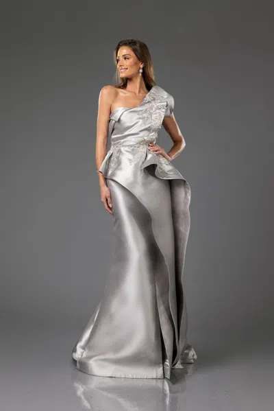 Terani Couture 242e3142 Long Formal Peplum Evening Dress In Silver