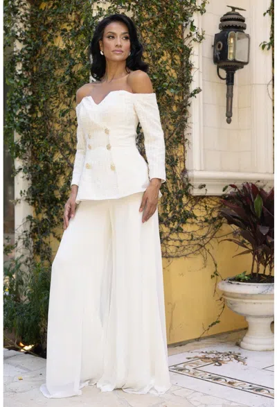 Terani Couture 242e3185 Long Metalic Lace Formal Pant Suit In White