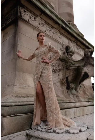 Terani Couture 242gl3219 Long Sleeve Beaded Formal Prom Dress In Gold