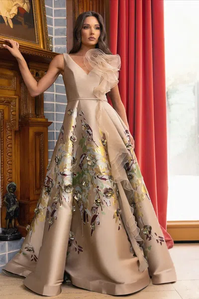 Terani Couture 242m3369 Printed Long Ballgown Formal Evening Dress In Neutral