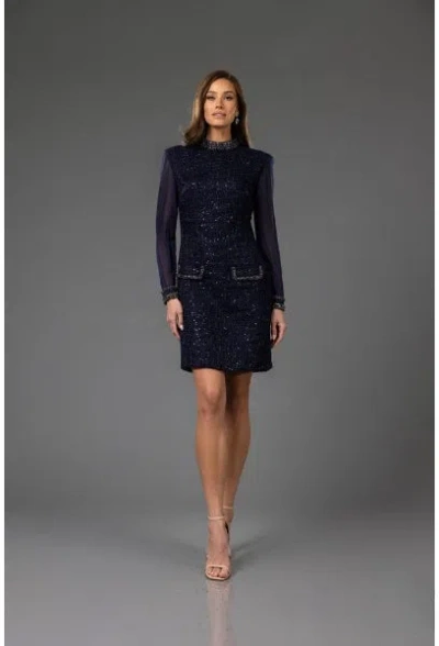 Terani Couture 251c4157 Long Sleeve Cocktail Short Dress In Blue