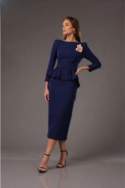 Terani Couture 251c4638 Long Sleeve Ruffled Peplum Cocktail Tea Length Dress In Blue