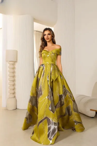Terani Couture 251e4208 Pleated Long A Line Formal Peplum Evening Dress In Yellow