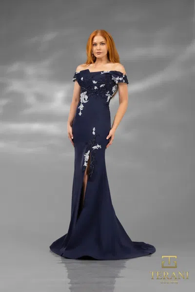 Terani Couture 251e4237 Long Ruffle Formal Fitted Evening Dress In Blue