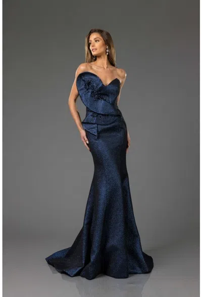 Terani Couture 251e4276 Fitted Long Formal Metallic Evening Dress In Blue