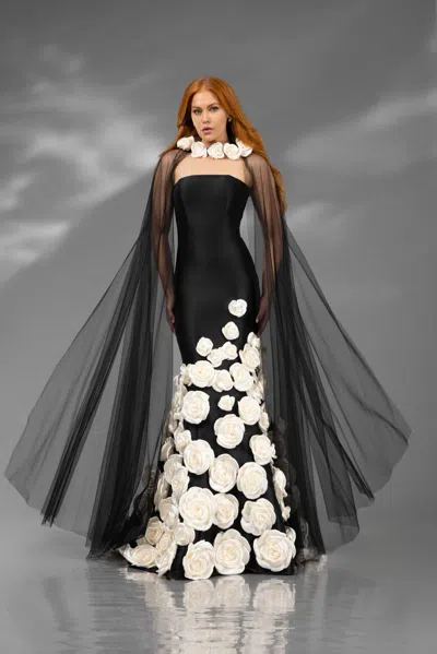 Terani Couture 251gl4184 Long 3d Floral Applique Detachable Cape Formal Dress In Black
