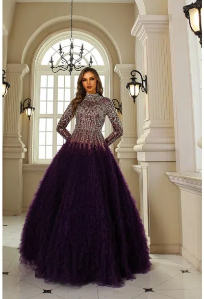 Terani Couture 251gl4318 Beaded Formal Long Sleeve Ruffled Ball Gown In Purple