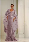Terani Couture 251m4326 Fitted Long Formal Beaded 3d Floral Cape Evening Dress In Purple