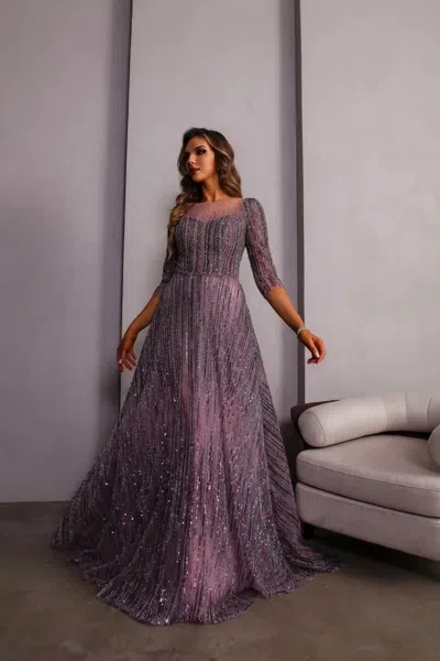 Terani Couture 251m4409 Long Sleeve Ball Gown Beaded Formal Dress In Purple
