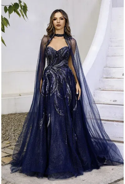 Terani Couture 251m4410 A Line Long  Ball Gown Formal Beaded Prom Dress In Blue