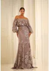 Terani Couture 251m4414 Long Formal Beaded Puff Sleeve Evening Dress In Brown