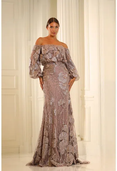 Terani Couture 251m4414 Long Formal Beaded Puff Sleeve Evening Dress In Brown