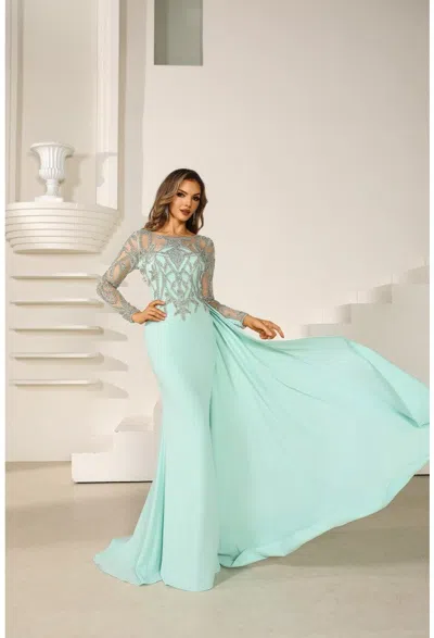 Terani Couture 251m4420 Long Sleeve Formal Beaded Applique Evening Dress In Green