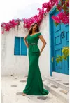 Terani Couture 251m4440 Long Beaded Applique Formal Peplum Evening Dress In Green