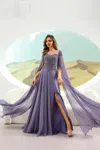 Terani Couture 251m4463 A Line Long Formal Beaded Cape Evening Dress In Purple