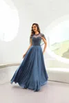 Terani Couture 251m4563 Pleated Long Formal Cape Sleeve Evening Dress In Blue