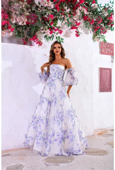 Terani Couture 251p4141 A Line Long Formal Printed Prom Dress In White