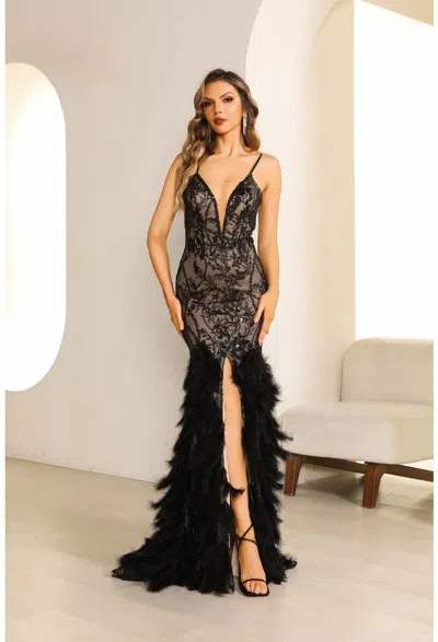 Terani Couture 251p4321 Long Fitted Formal Feather Prom Dress In Black