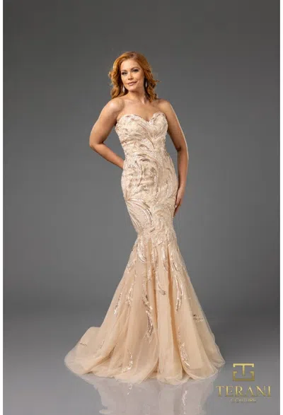 Terani Couture 251p4388 Prom Long Fitted Formal Beaded Prom Dress In Gold