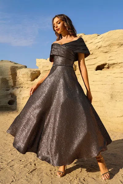 Terani Couture 252c5022 A Line Pleated Tea Length Cocktail Dress In Brown