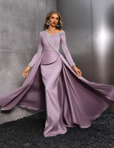 Terani Couture 252e5108 Long Sleeve Formal Overskirt Evening Dress In Purple