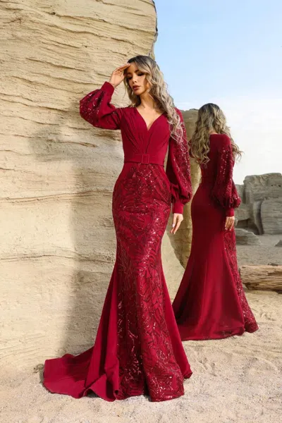 Terani Couture 252e5129 Long Sleeve Mermaid Formal Evening Dress In Burgundy