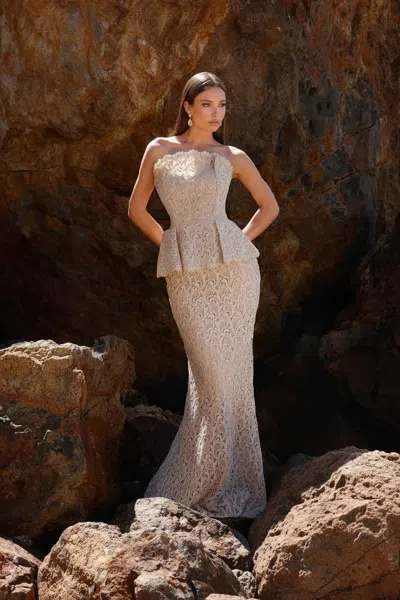 Terani Couture 252e5144 Long Formal Metallic Lace Peplum Prom Dress In White